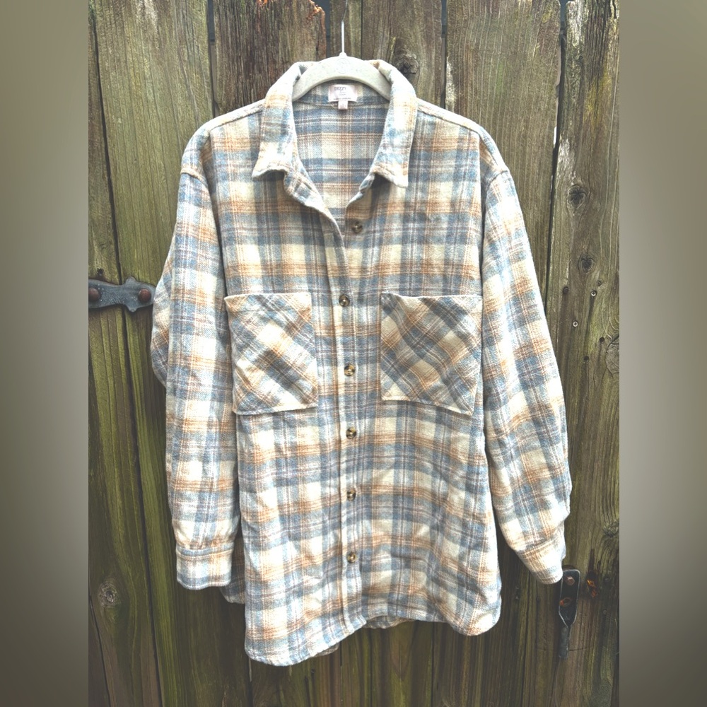 Dizzy Lizzy Plaid Flannel Shirt Top Fall Winter Gold Gray Women’s Size Large